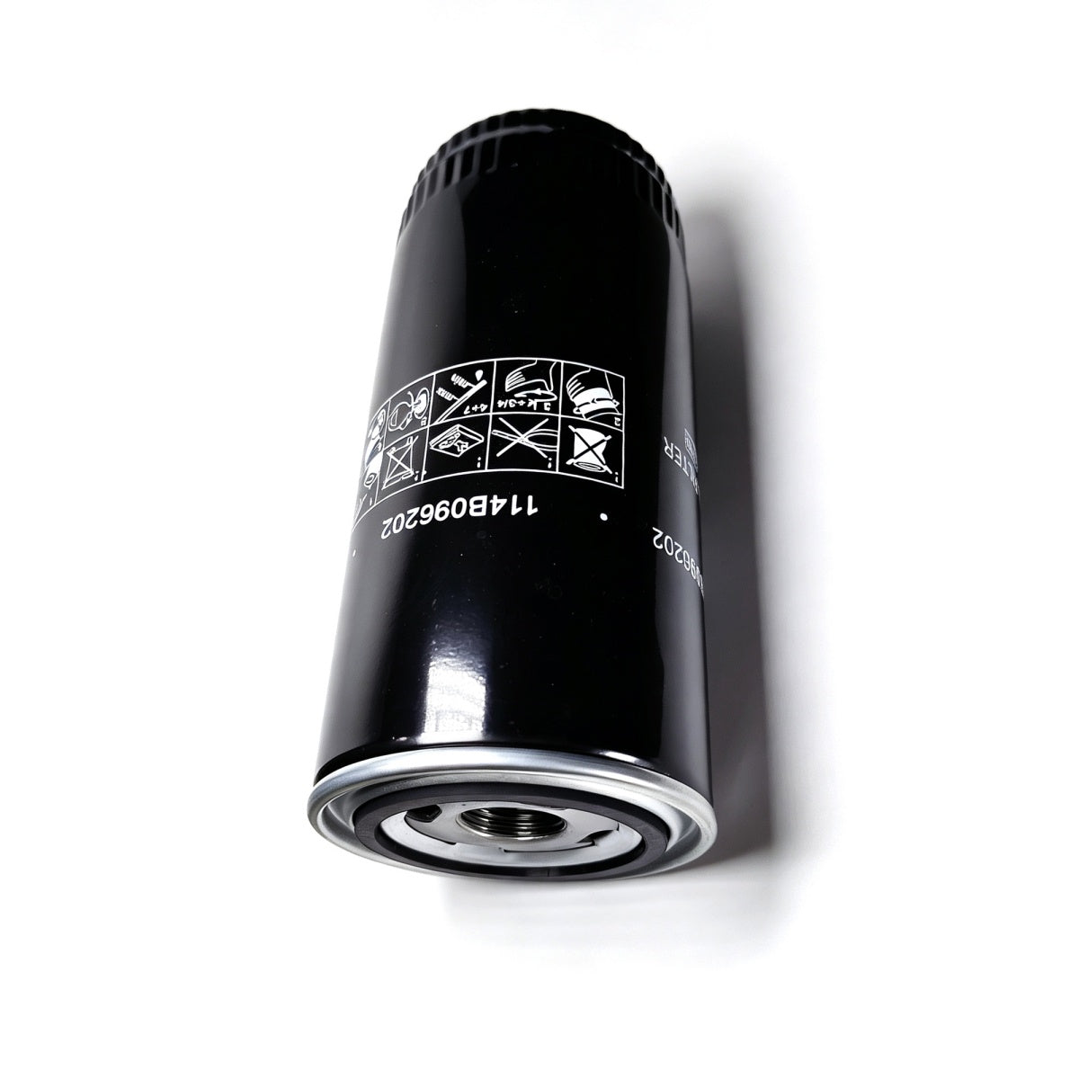 A black cylindrical automotive oil filter with white printed specifications and symbols, shown on a clean white background with a soft shadow.