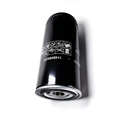 A black cylindrical automotive oil filter with white printed specifications and symbols, shown on a clean white background with a soft shadow.