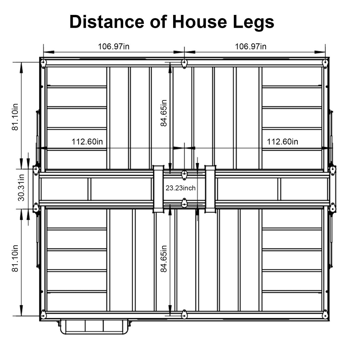 Technical drawing of a house's foundation with dimensions labeled