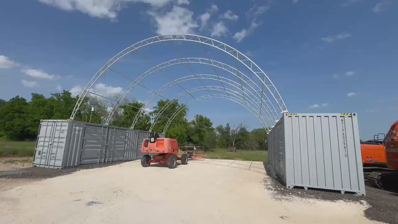 Load video: 40&#39;x40&#39;x15&#39; Double Truss Shipping Container Canopy Shelter