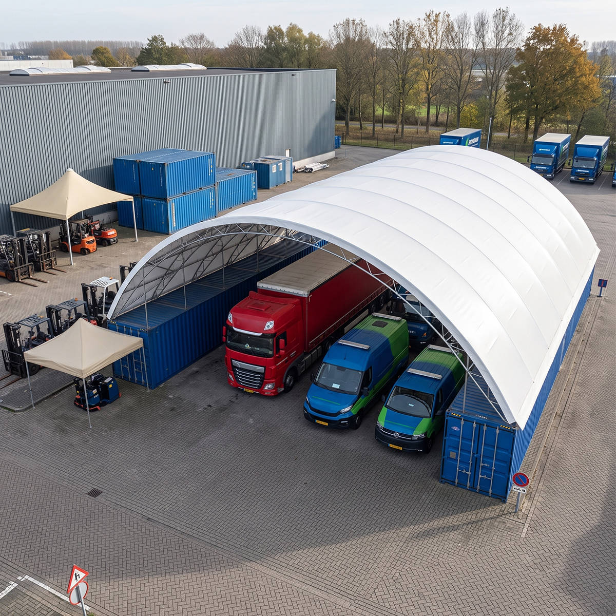 Reinforced 60'x80'x15' Double Truss Container Canopy Shelter