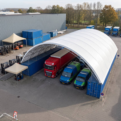 Reinforced 60'x80'x15' Double Truss Container Canopy Shelter