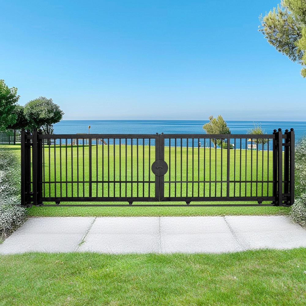 Sliding farm gate installed in front of a green lawn with a coastal ocean view in the background