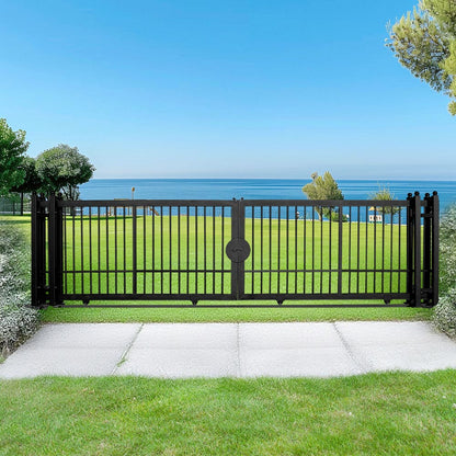 Sliding farm gate installed in front of a green lawn with a coastal ocean view in the background