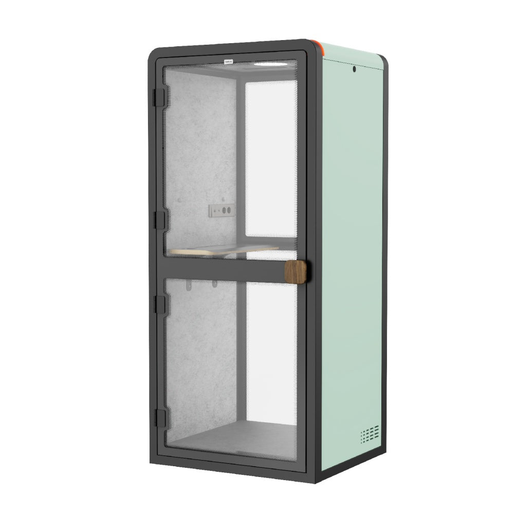 Small glass-enclosed cabinet with a green body and black frame on a white background