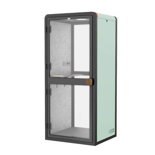 Small glass-enclosed cabinet with a green body and black frame on a white background#color_Green