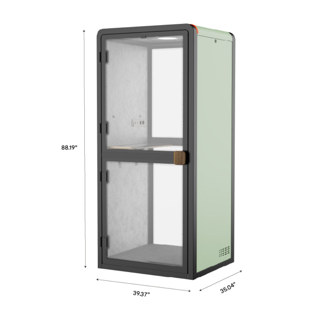 Glass display case with dimensions on a white background