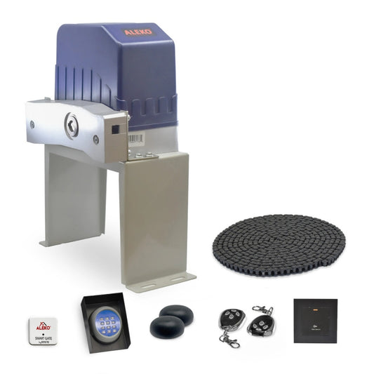 ALEKO gate opener system with components on a white background