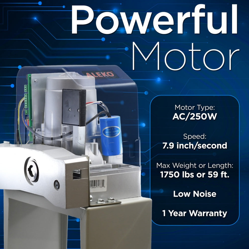 ALEKO powerful motor with specifications on a blue background