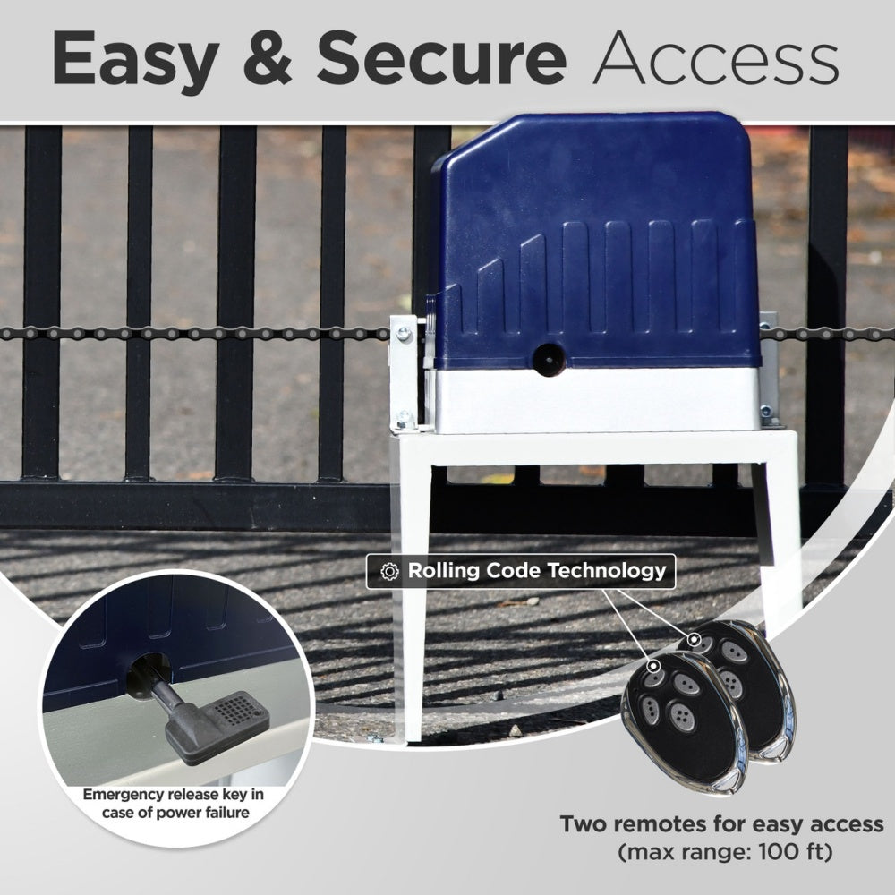 Security gate with rolling code technology, emergency release key, and two remotes for easy access.