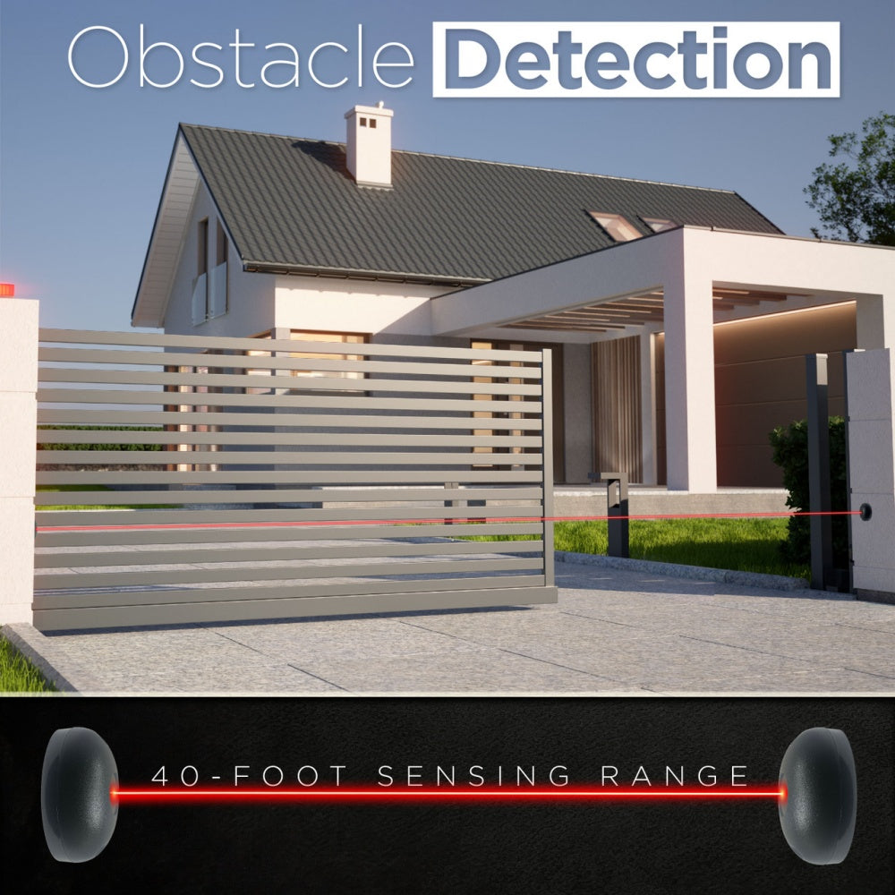 Modern house with a driveway and gate, featuring obstacle detection technology.