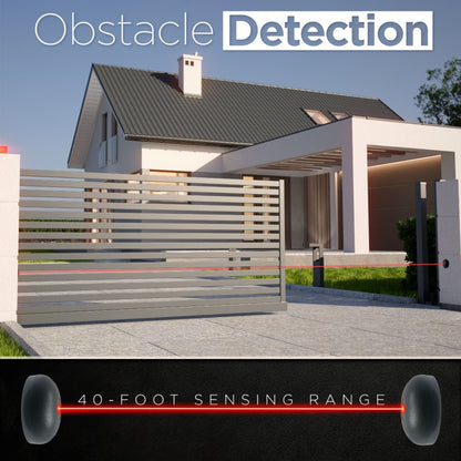Modern house with a driveway and gate, featuring obstacle detection technology.