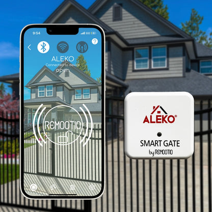 Smart gate control system with phone app and Aleko device in front of a house.