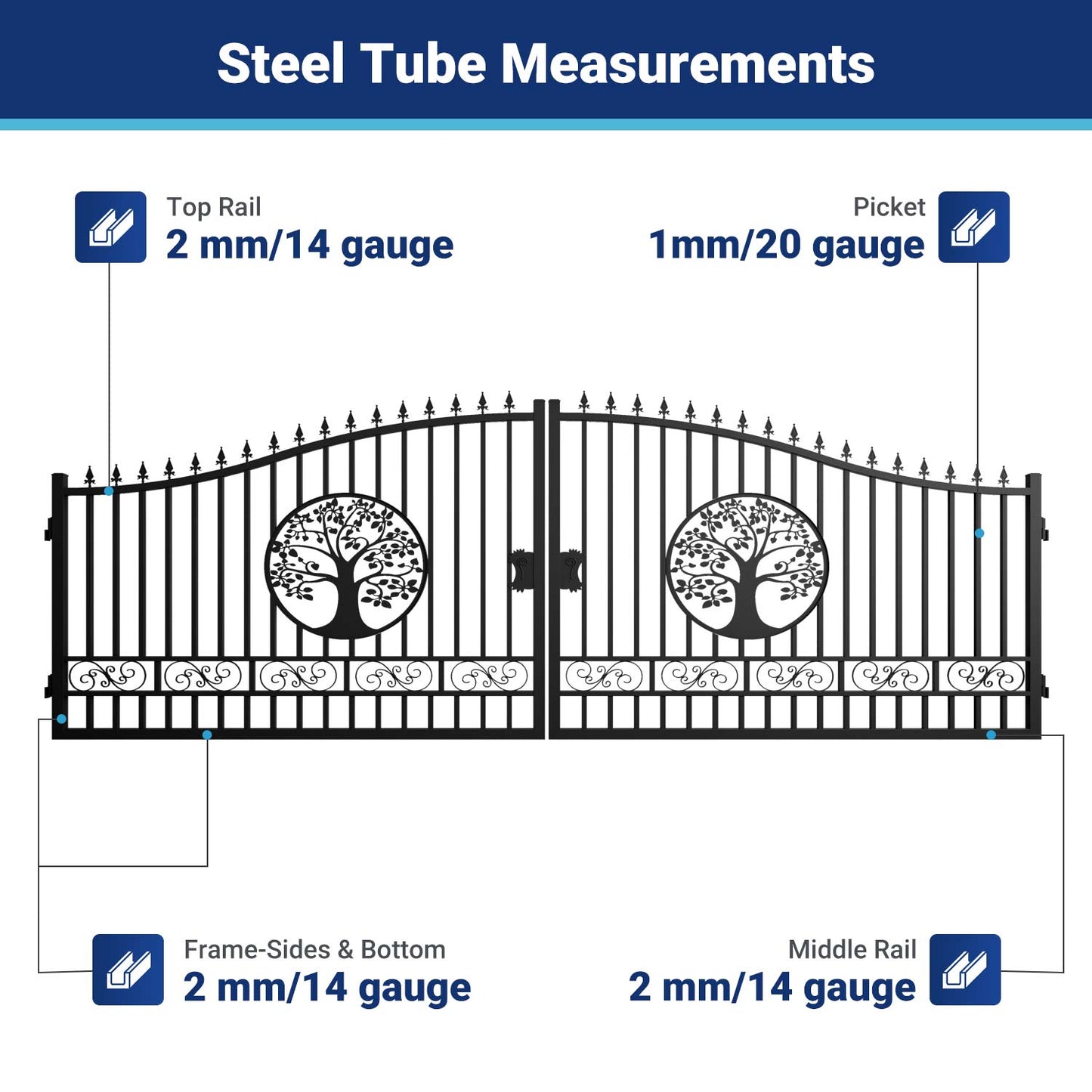 Steel tube measurements for 20x8 ft Steel Dual Swing Driveway Gate with Wider Goalposts