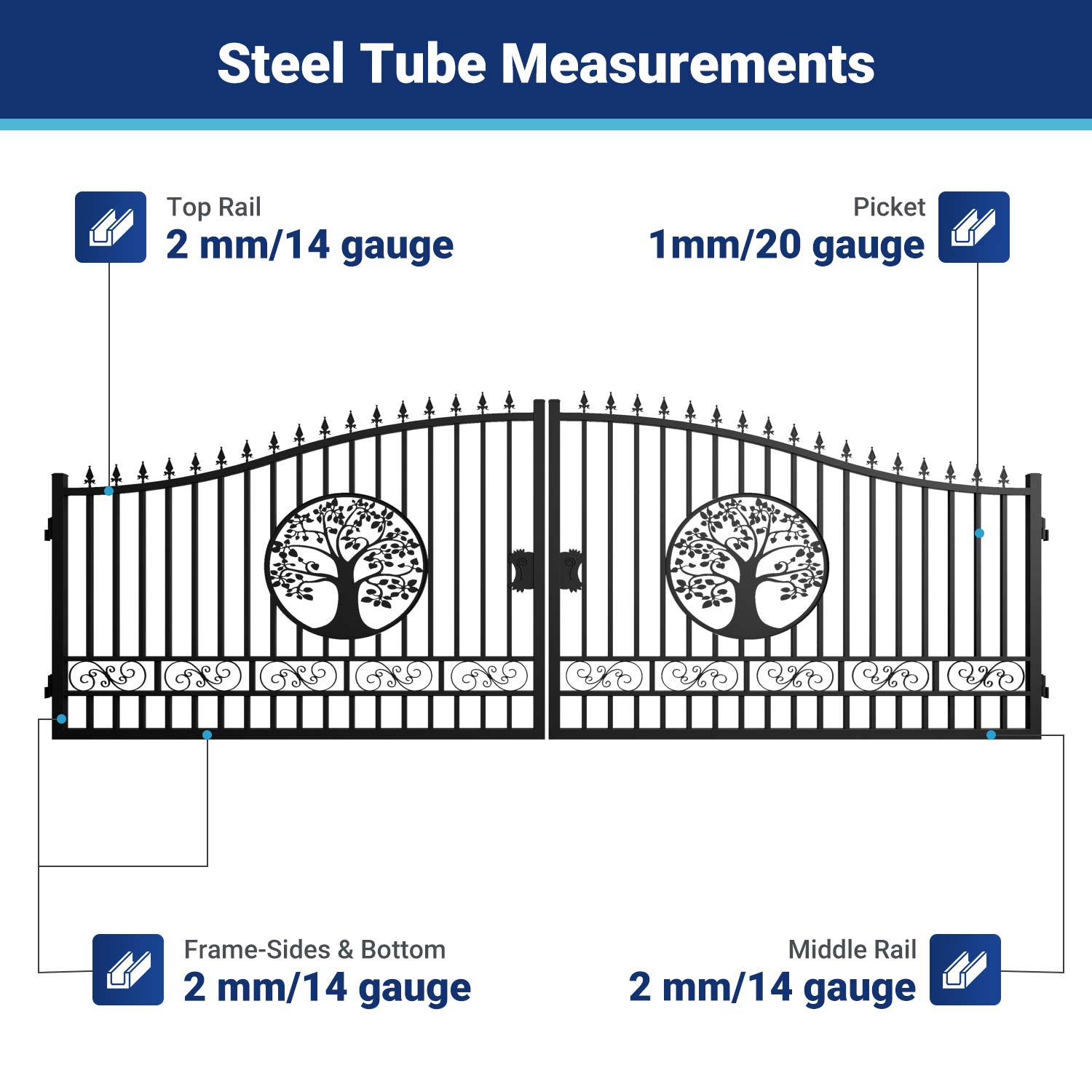 Steel tube measurements for 20x8 ft Steel Dual Swing Driveway Gate with Wider Goalposts