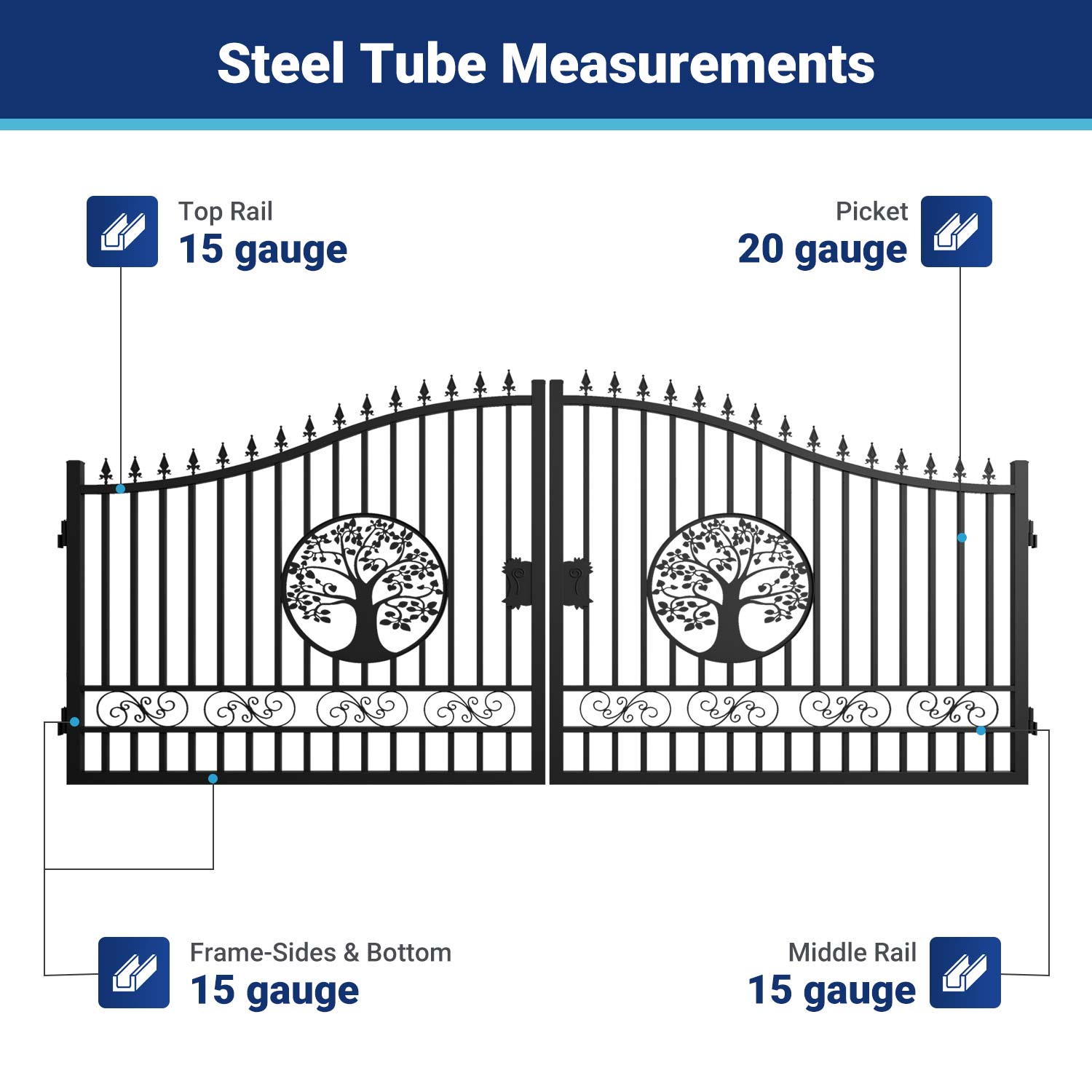 steel tube measurements of 16 ft tree pattern driveway gate
