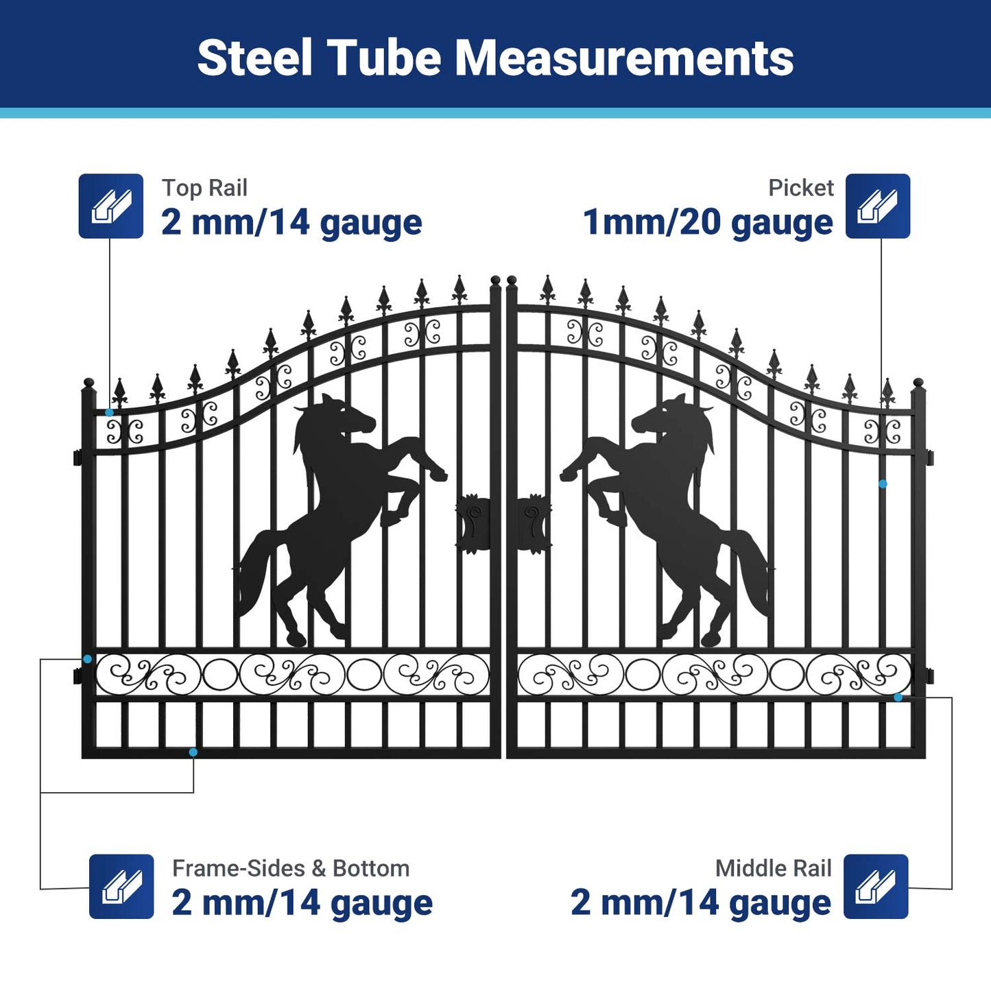 steel tube size-12ft Dual Swing Driveway Gate with Horse Pattern
