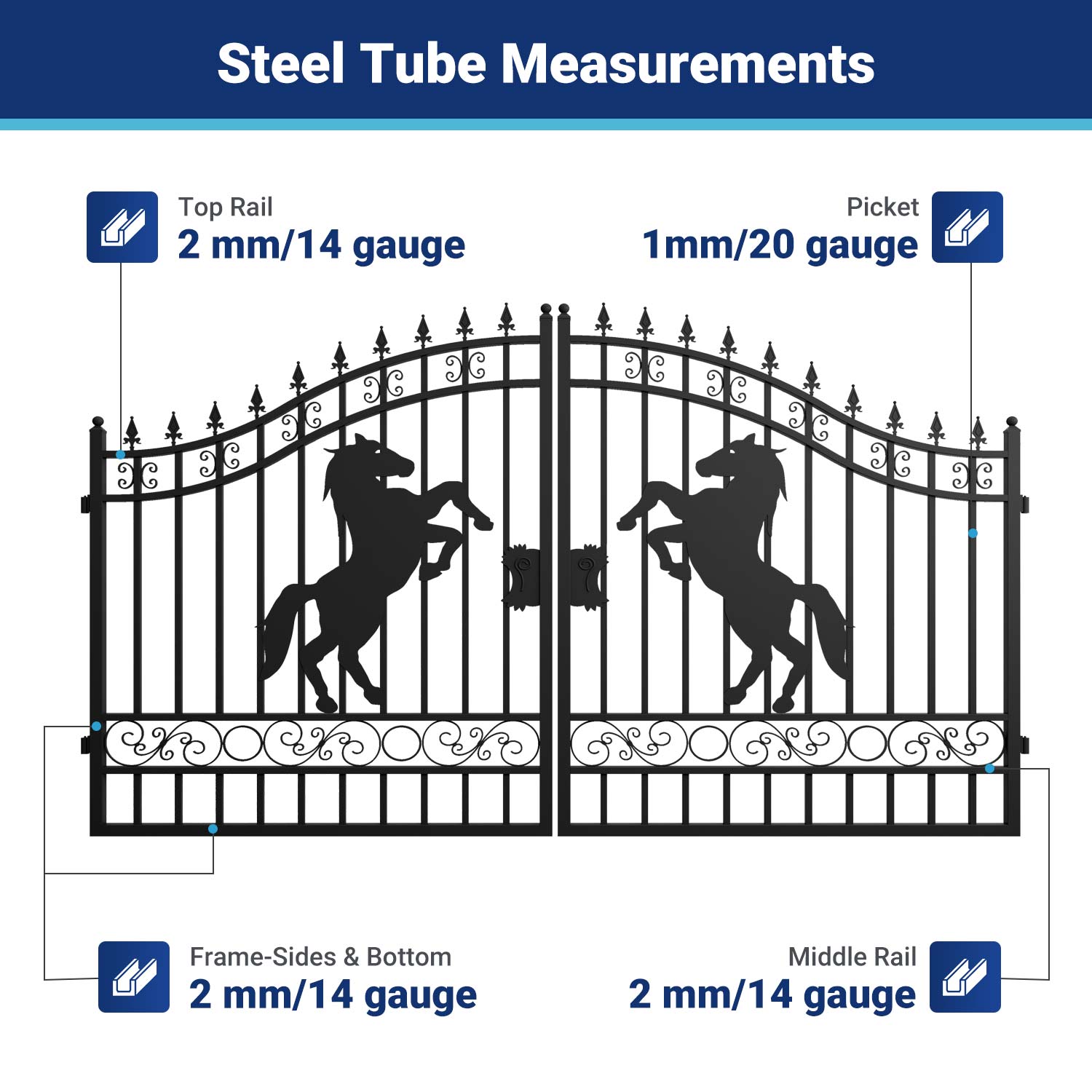 steel tube size-12ft Dual Swing Driveway Gate with Horse Pattern