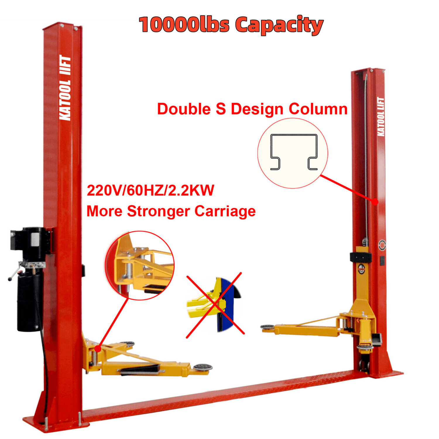 This vehicle lift has strong carriage and double S design columns for stable lifting.