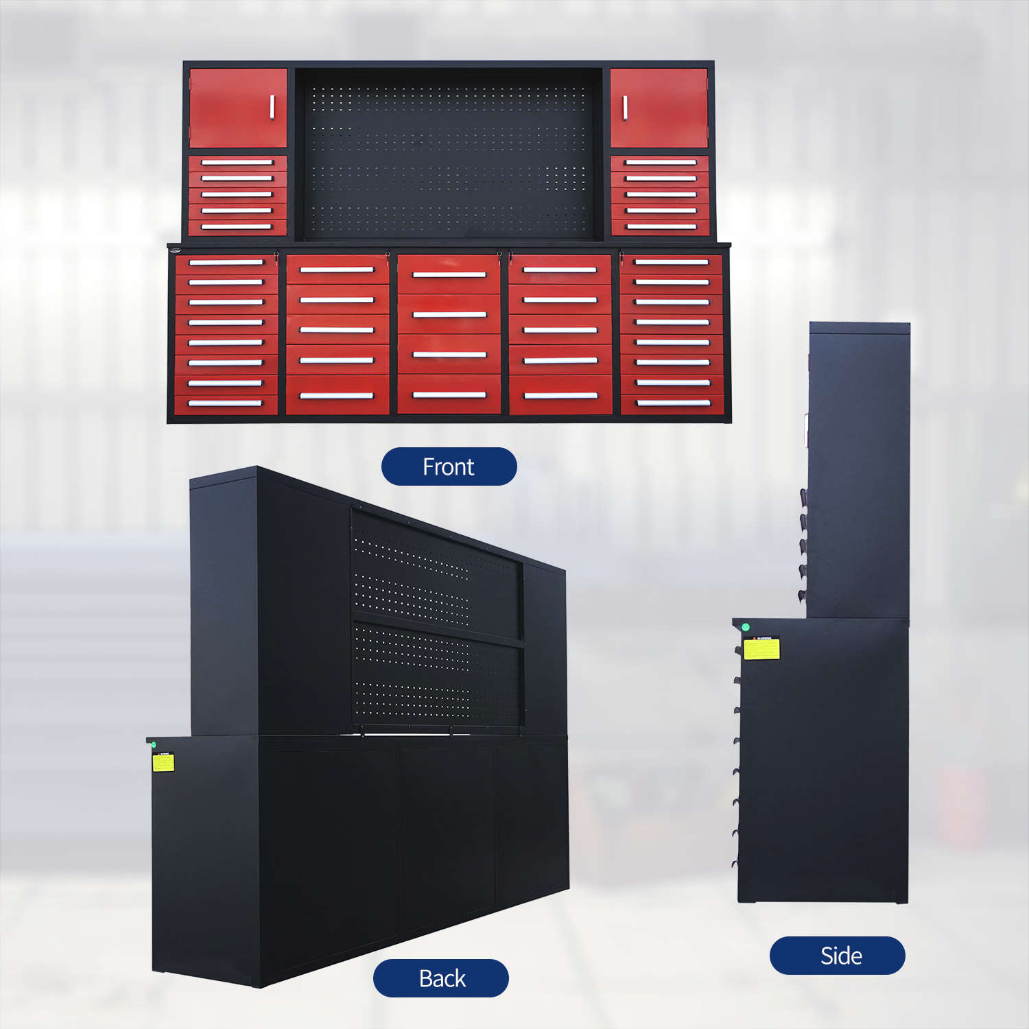 the front, back and side look of the 10ft garage cabinet
