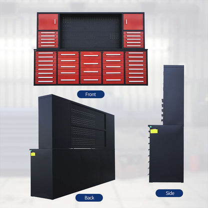 the front, back and side look of the 10ft garage cabinet#color_Red