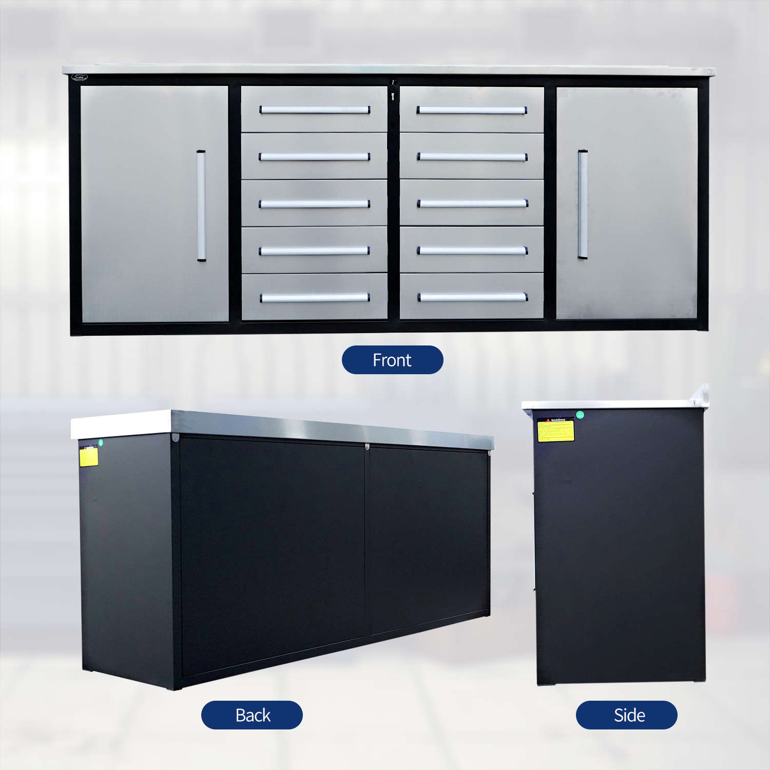 the front, back and side look of the 7ft 10-drawers workbench