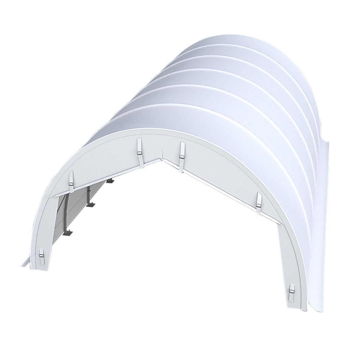 A white arched canopy or tunnel roof panel with multiple curved ribs and mounting hardware