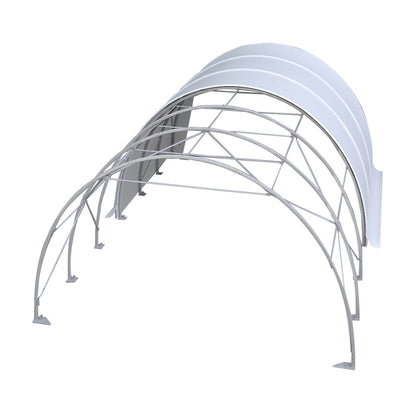 A white arched canopy tent frame with a curved metal support structure and side panels
