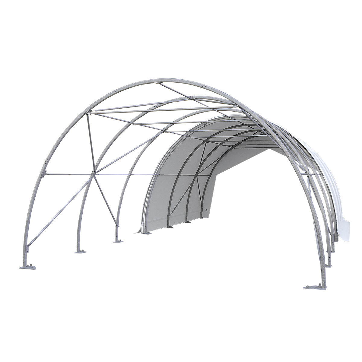 A silver metal archway structure with a gray fabric canopy lining