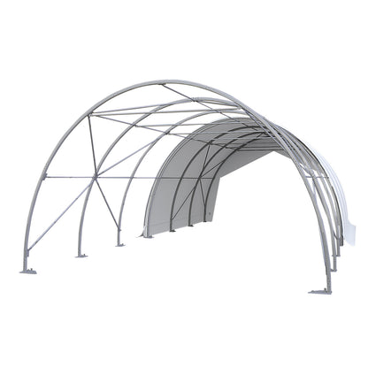 A silver metal archway structure with a gray fabric canopy lining