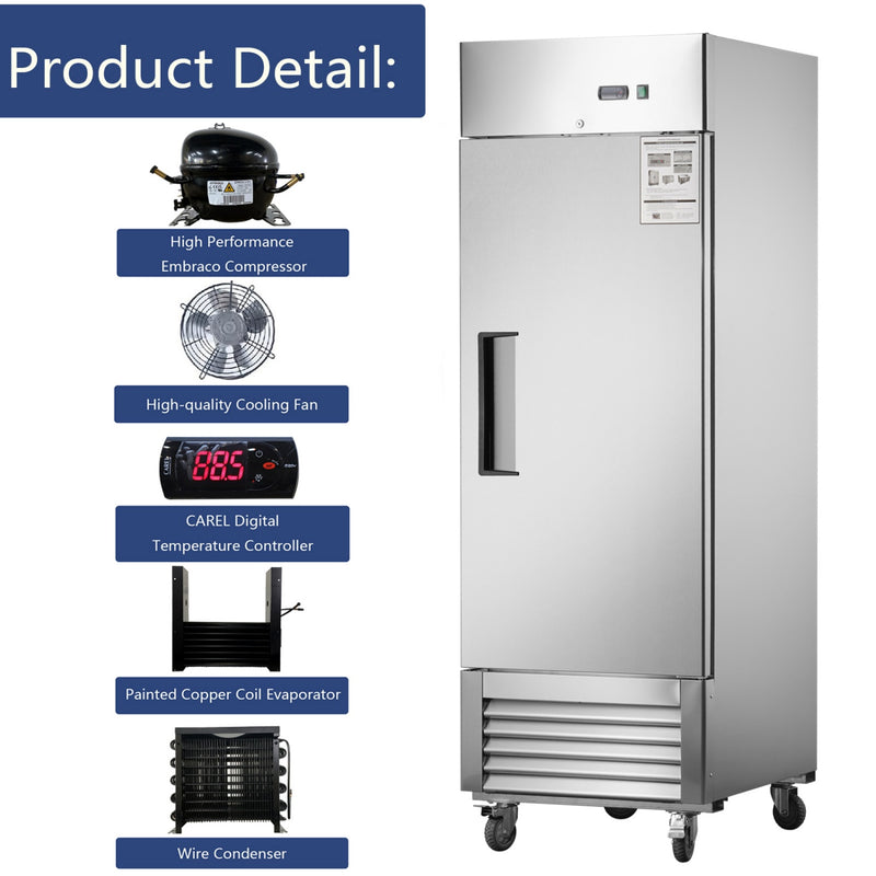27"W Single Solid Door Reach-In Refrigerator 19 cu. ft. Commercial Refrigerator