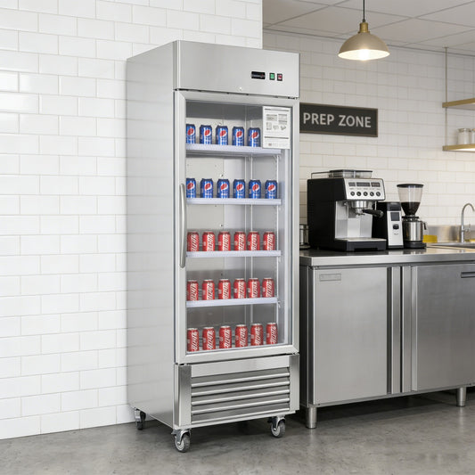 Commercial refrigerator filled with drinks in a kitchen setting