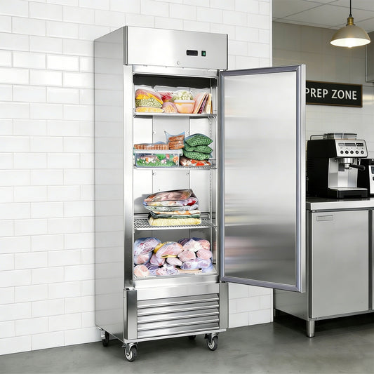 Stainless steel refrigerator with open door displaying various food items in a kitchen setting.