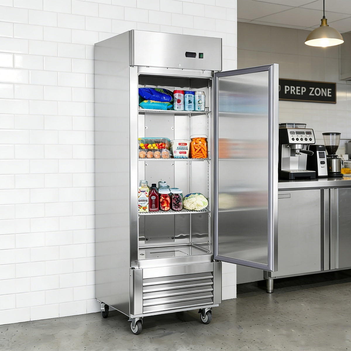 Stainless steel refrigerator in a kitchen setting with open door showing food items.