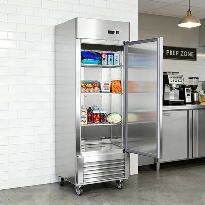 Stainless steel refrigerator in a kitchen setting with open door showing food items.