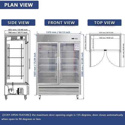 54"W Commercial Refrigerator 42 cu. ft. 2 Glass Door Reach In Refrigerator