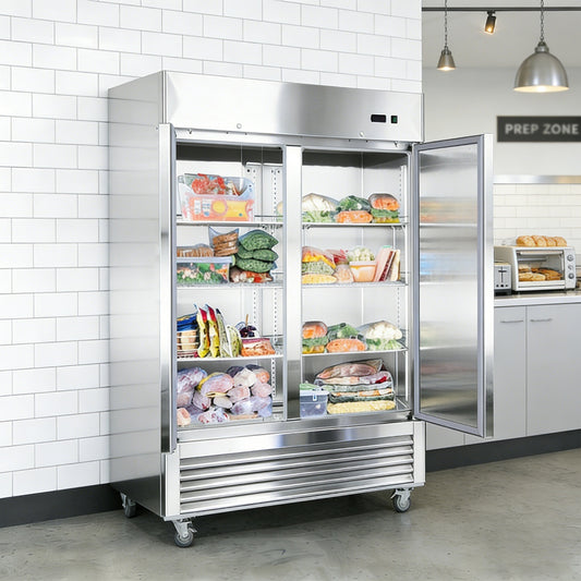 Commercial refrigerator with open door displaying various food items in a kitchen setting.