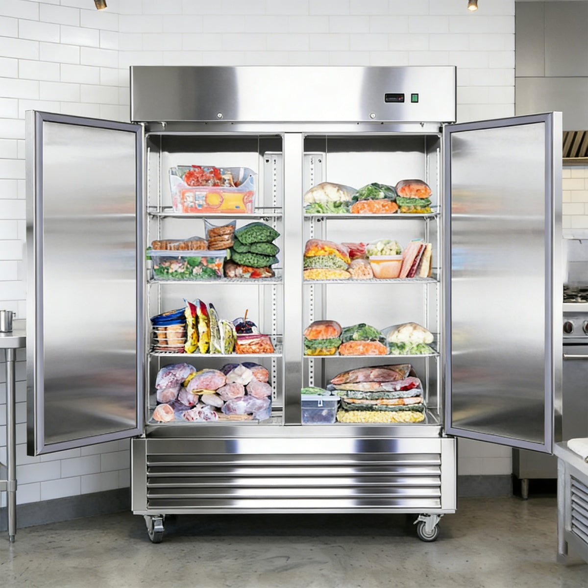Commercial refrigerator with open doors displaying various food items in a kitchen setting.