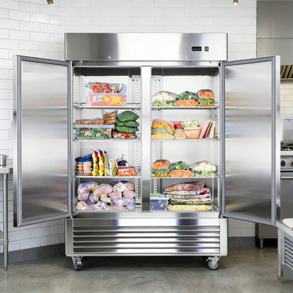Commercial refrigerator with open doors displaying various food items in a kitchen setting.