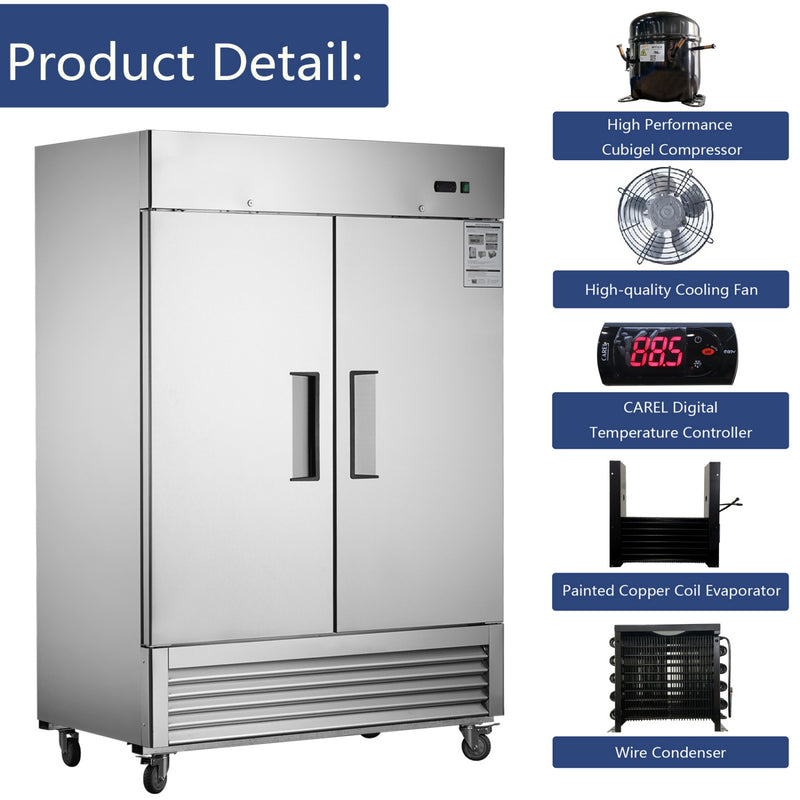 54"W Commercial Freezer 42 cu. ft. 2 Solid Door Reach-In Freezer