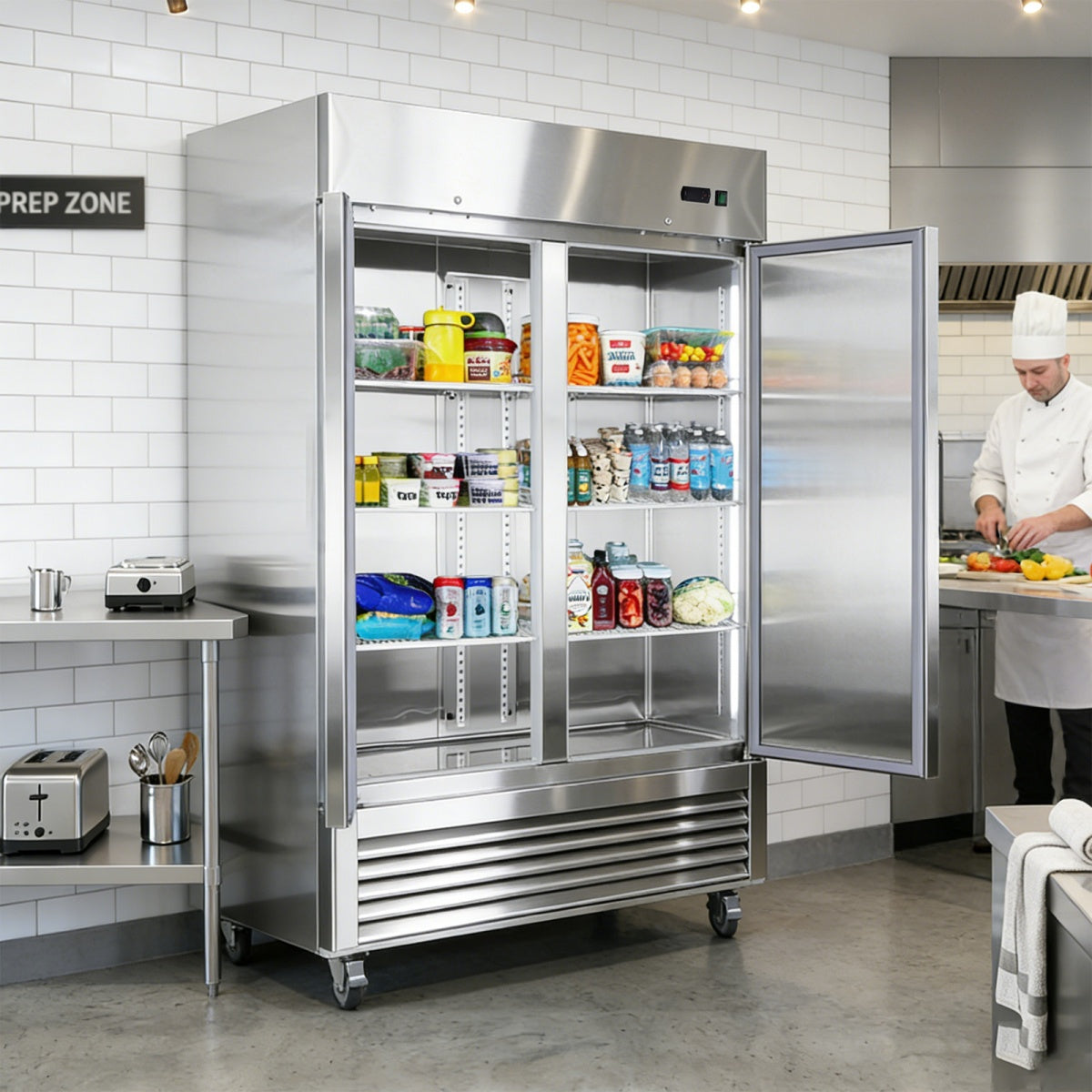 Stainless steel refrigerator with open door in a kitchen setting