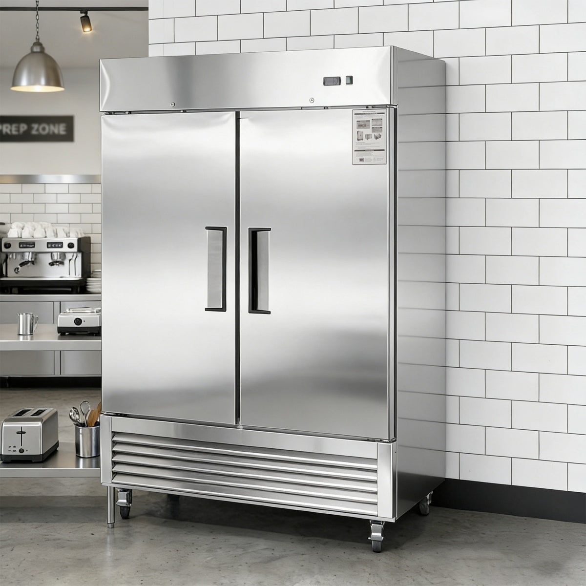 Stainless steel refrigerator in a kitchen setting with tiled walls.