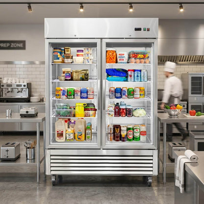 Commercial refrigerator stocked with various food items in a kitchen setting