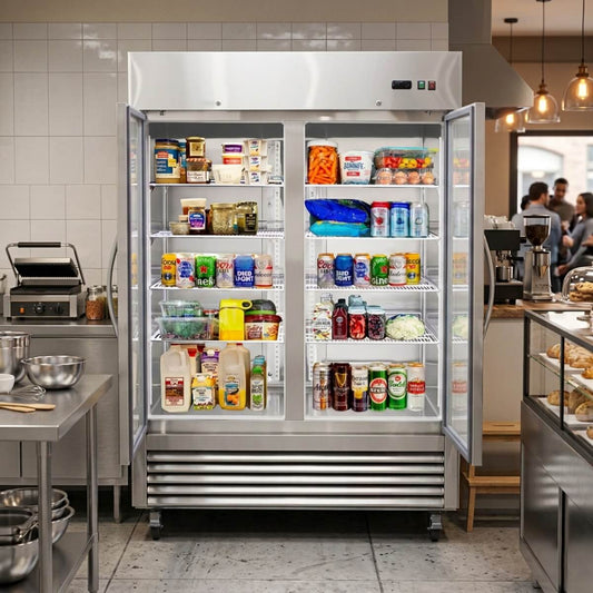 Large commercial refrigerator stocked with various food items in a kitchen setting.
