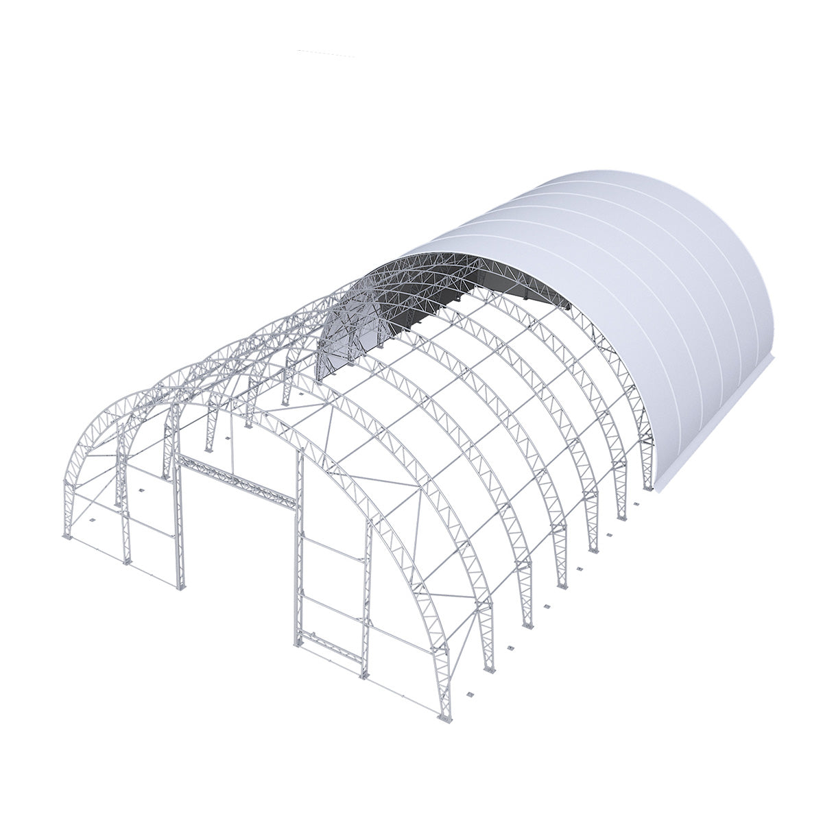Structural framework of a large greenhouse with a white cover on a white background