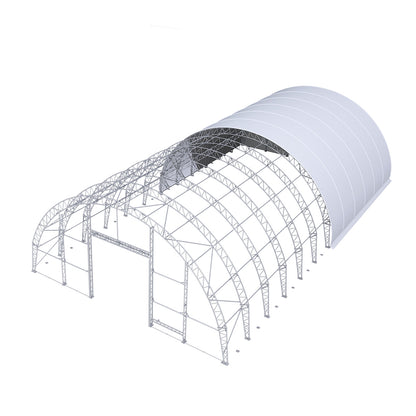 Structural framework of a large greenhouse with a white cover on a white background