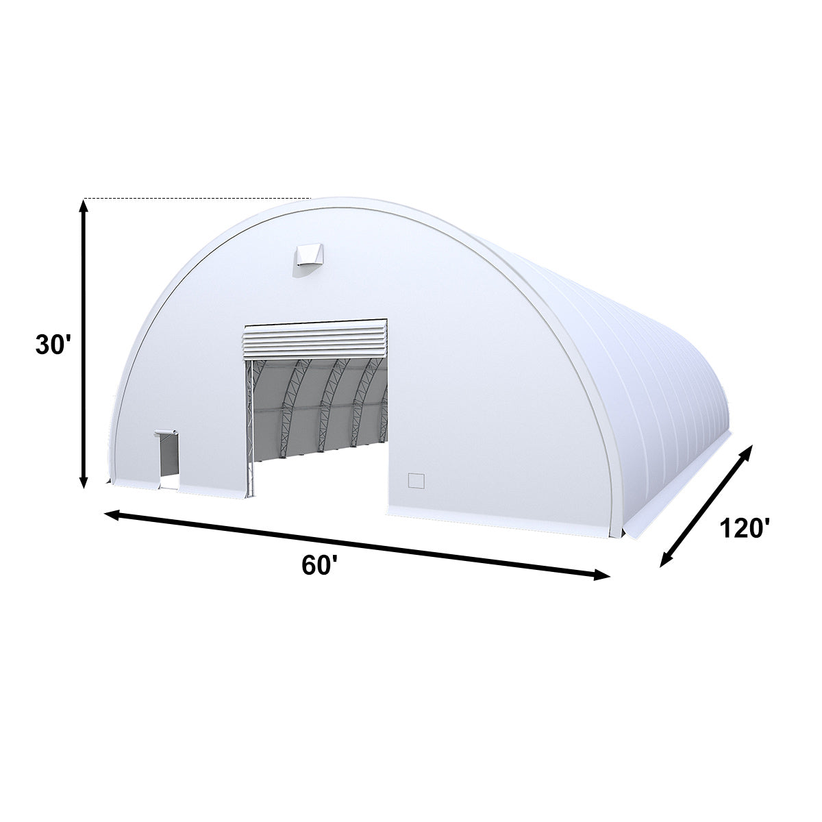 Dome-shaped storage building with dimensions labeled on a white background