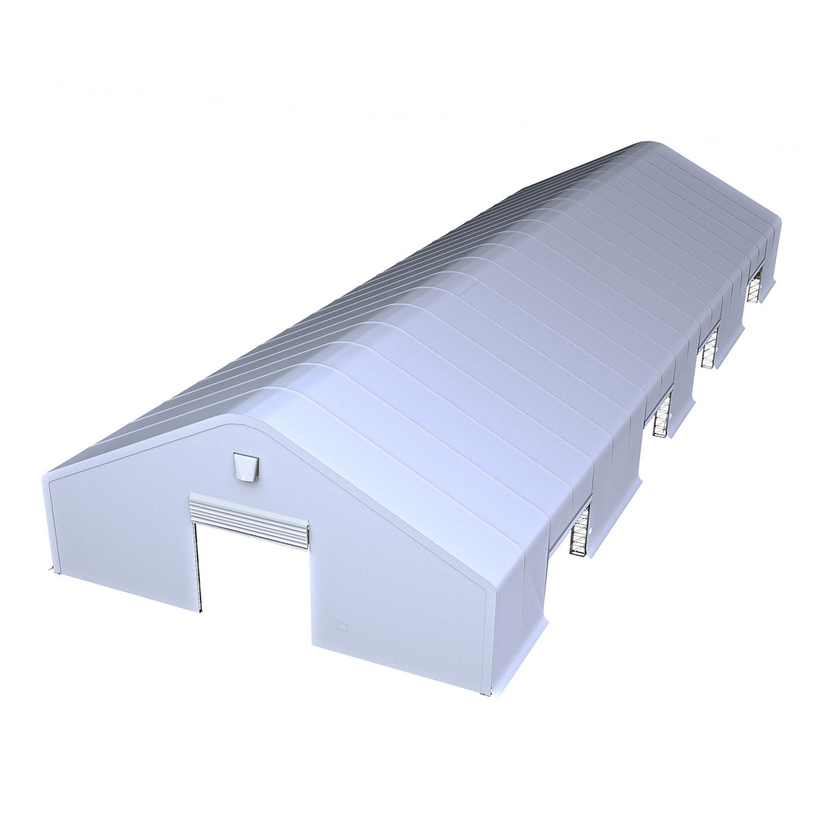 White industrial shed with a flat roof on a white background