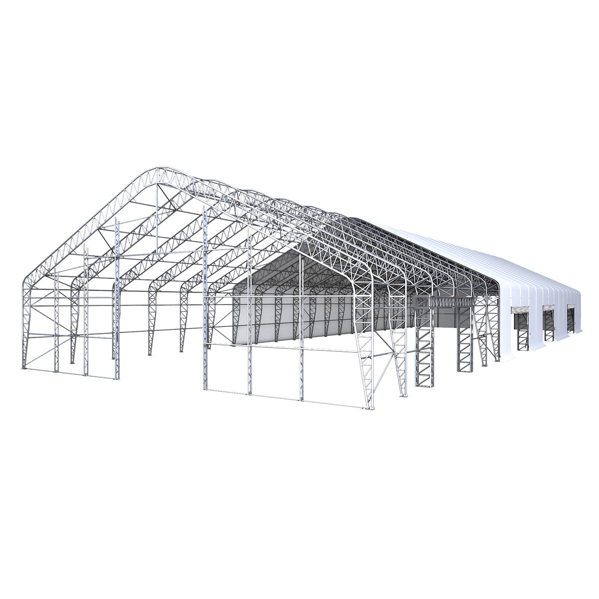 Large industrial building structure with a white roof on a white background