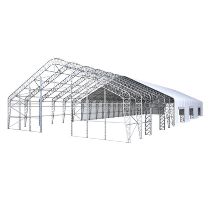 Large industrial building structure with a white roof on a white background